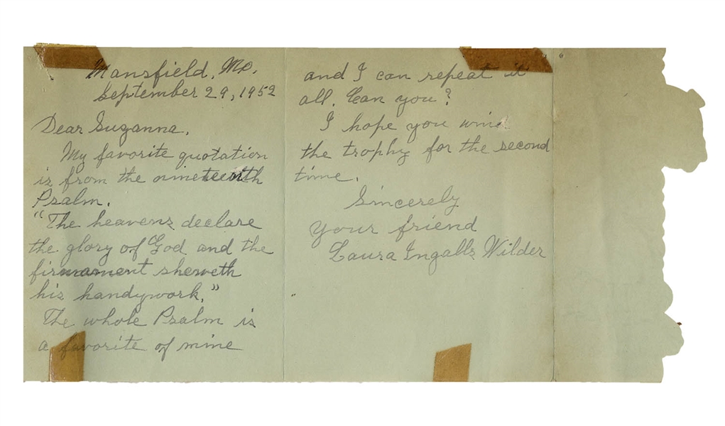 Laura Ingalls Wilder Autograph Letter Signed -- ''My favorite quotation...'The heavens declare the glory of God and the firmament showeth his handywork...''